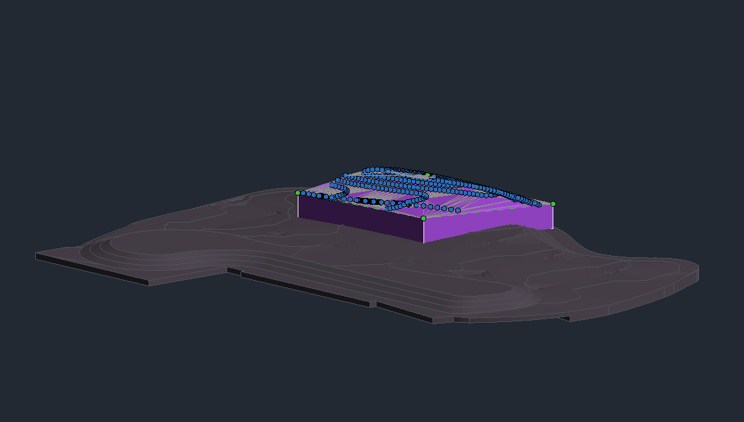 Revit toposolid alignment — pink terrain surface separated from purple pad before alignment.