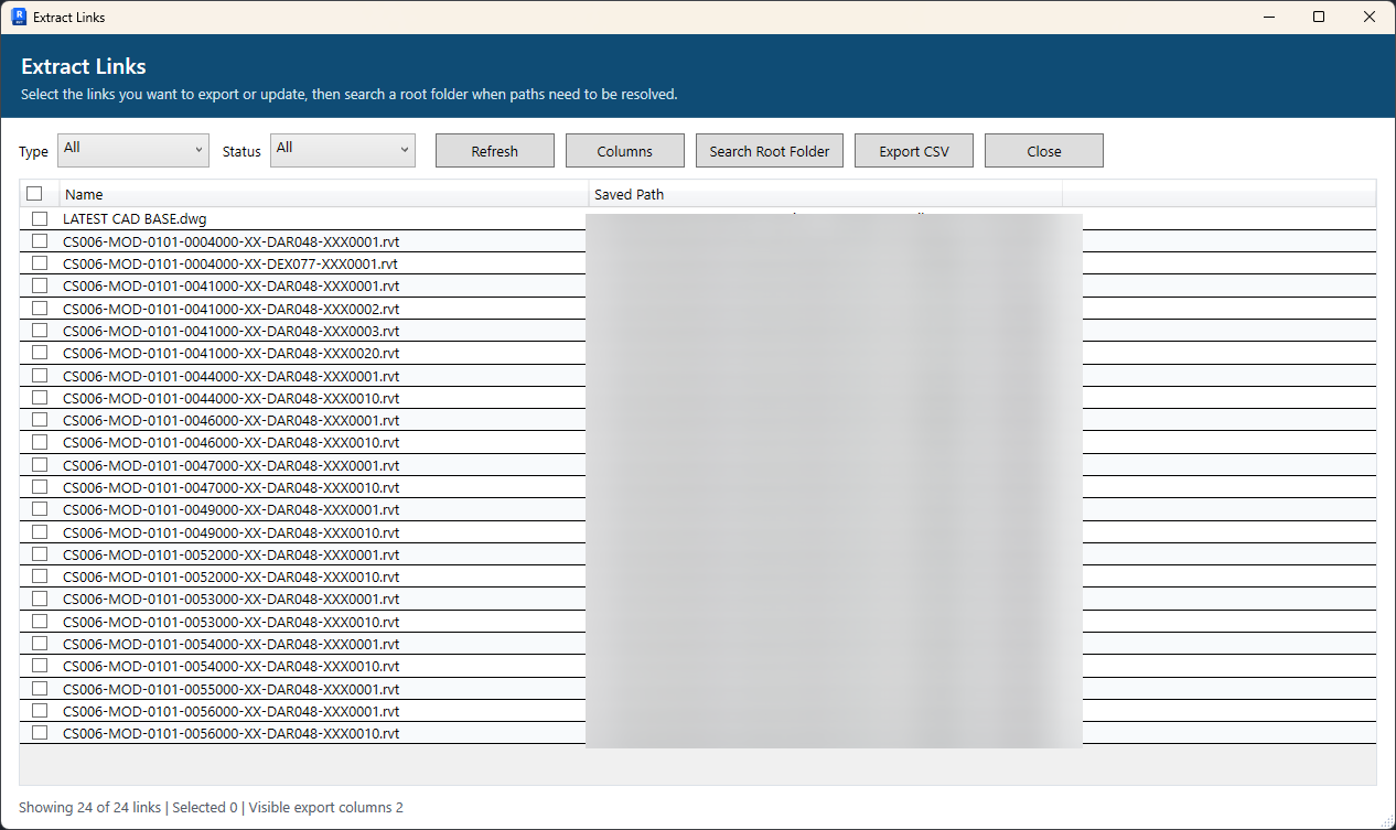 Revit Link Manager — Extract Links WPF dialog showing linked RVT and DWG file list.