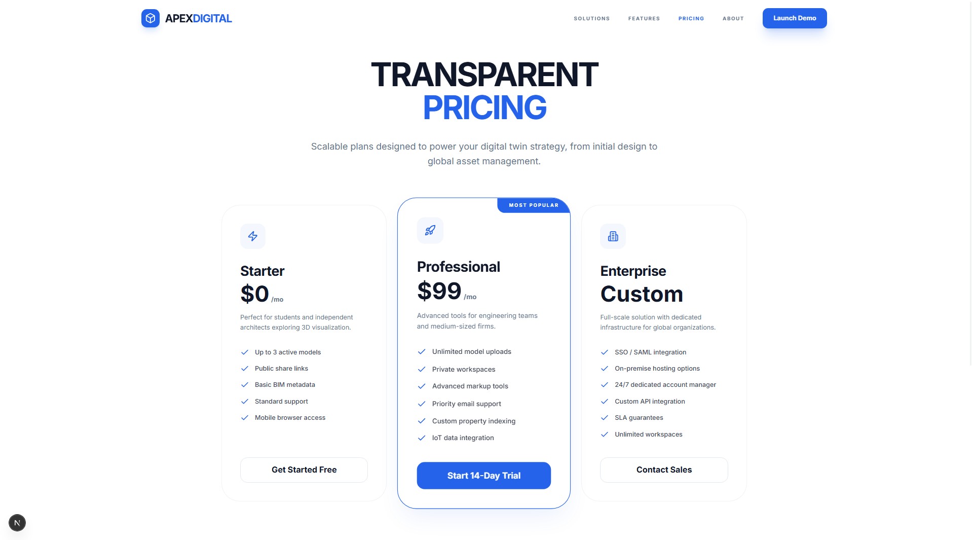 ApexDigital website pricing screen.