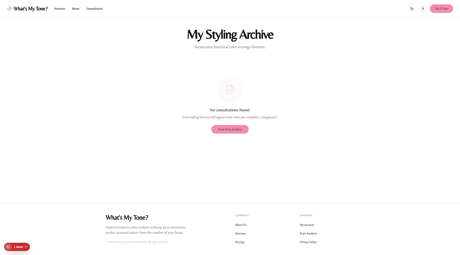WhatsMyTone web app archive screen.