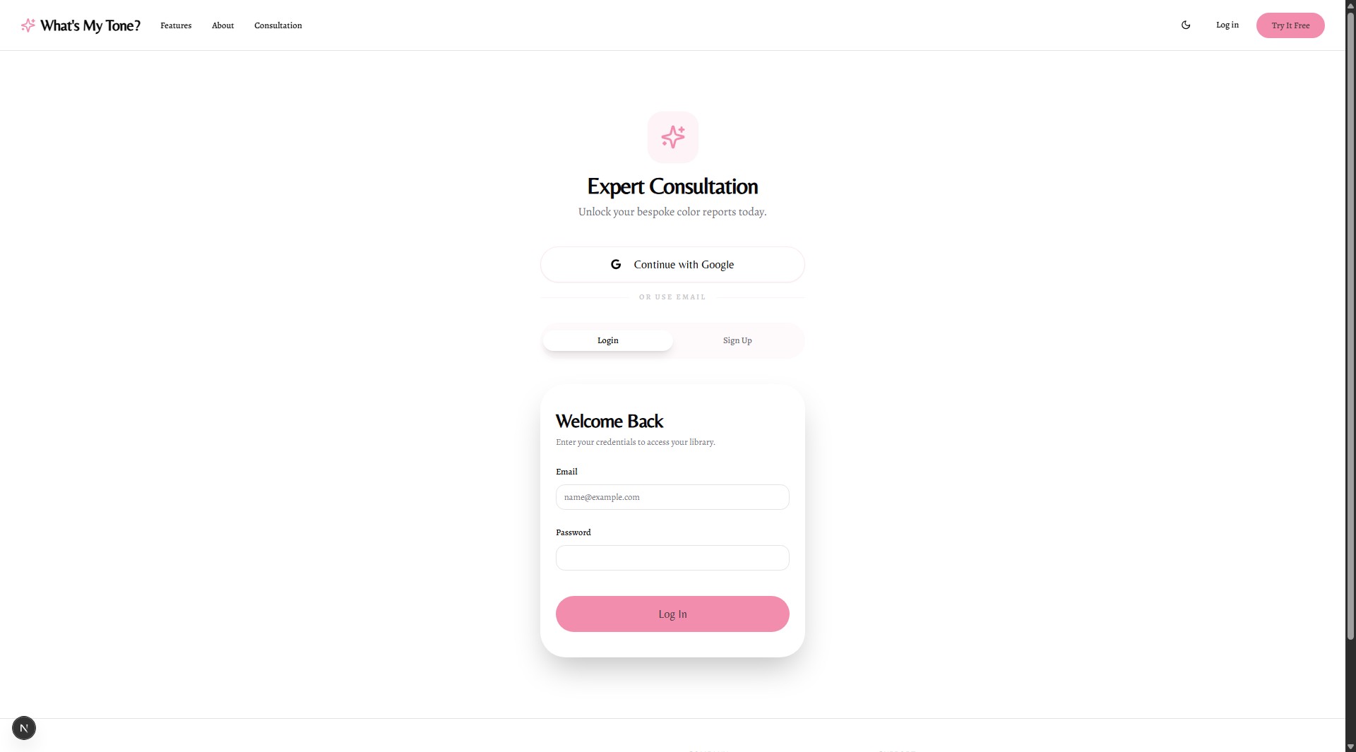 WhatsMyTone web app login screen.