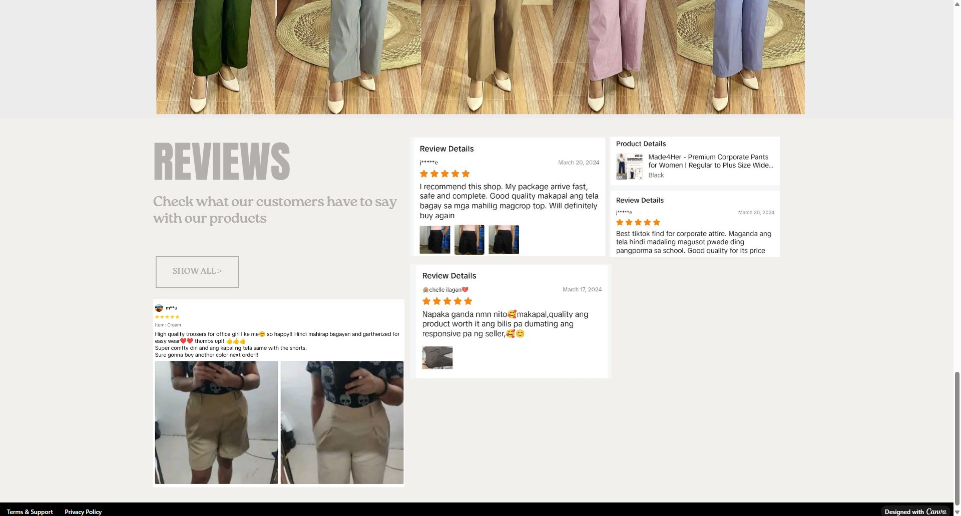 Made4Her clothing shop customer reviews screen.
