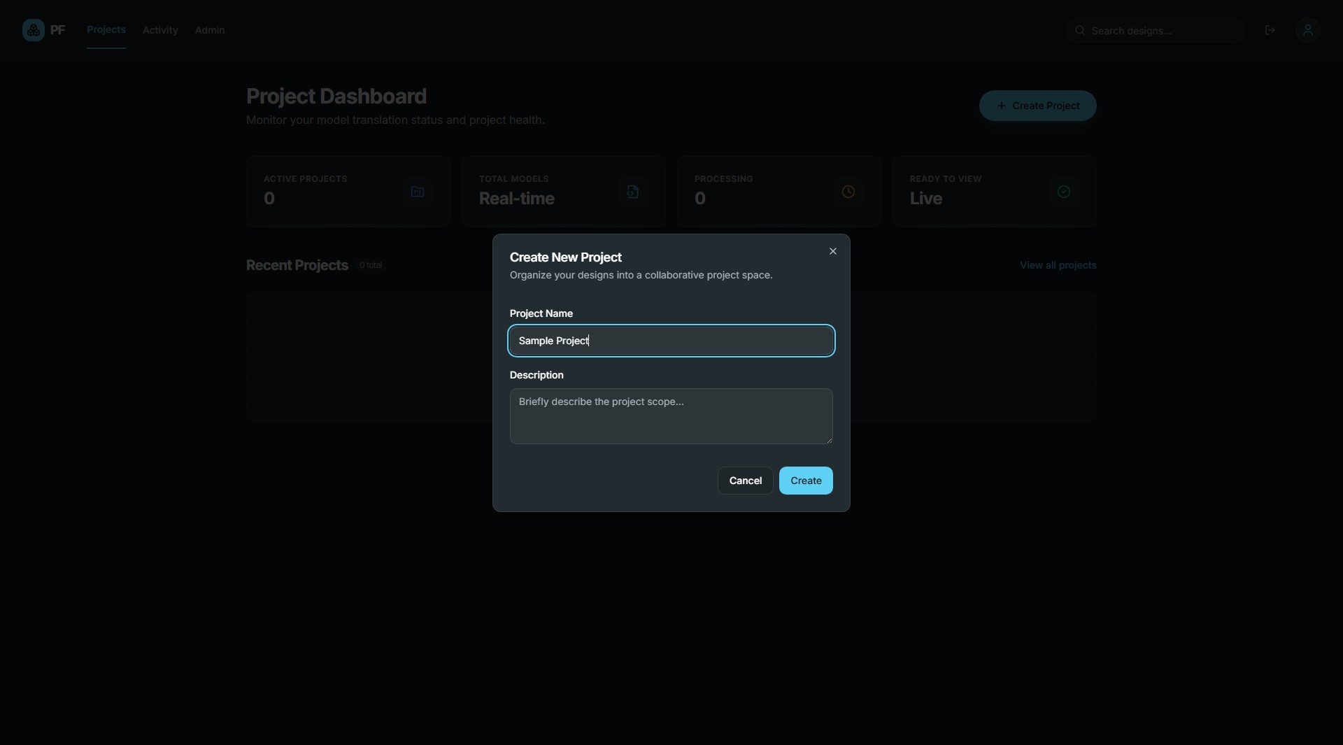 ProjectForge create project screen.