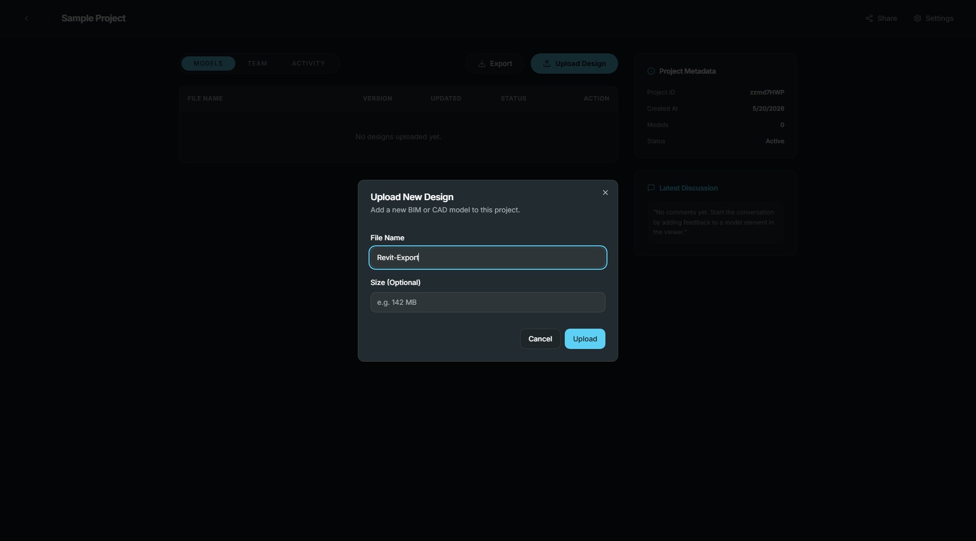 ProjectForge Revit export workflow screen.