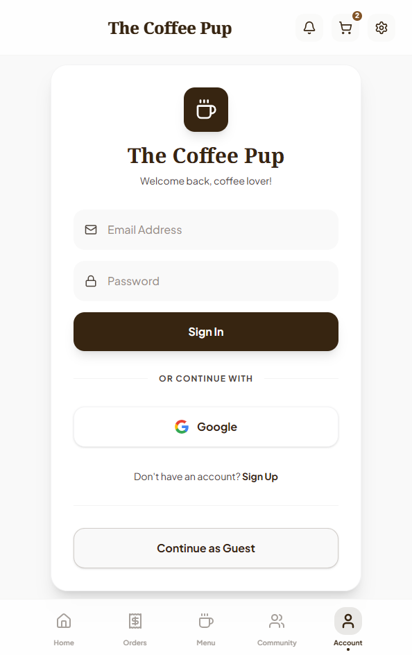 The Coffee Pup mobile account screen.