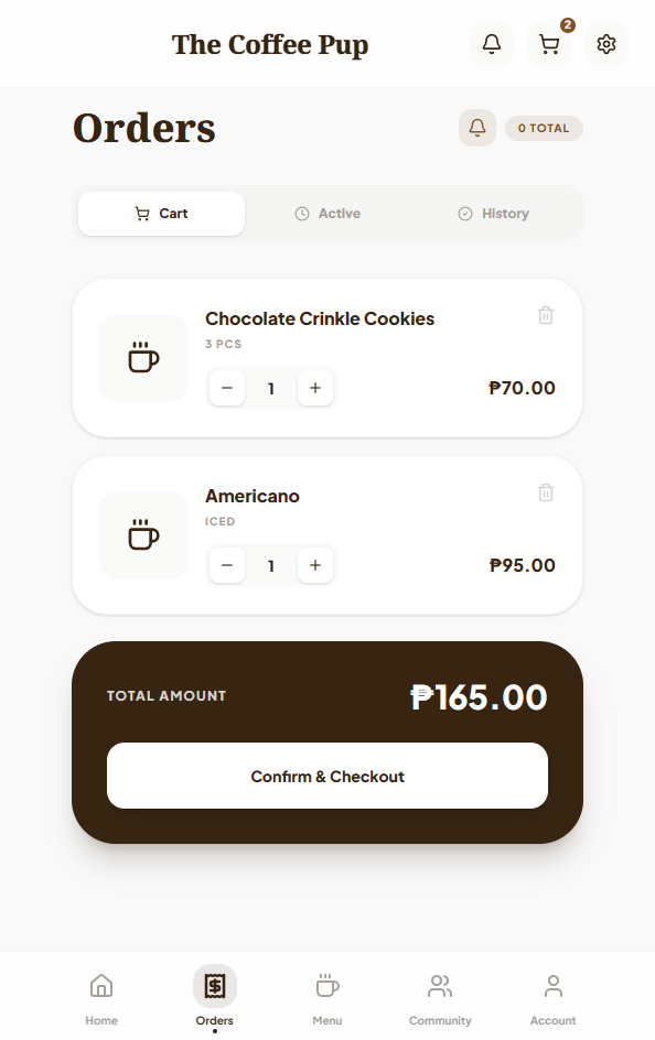 The Coffee Pup mobile checkout screen.
