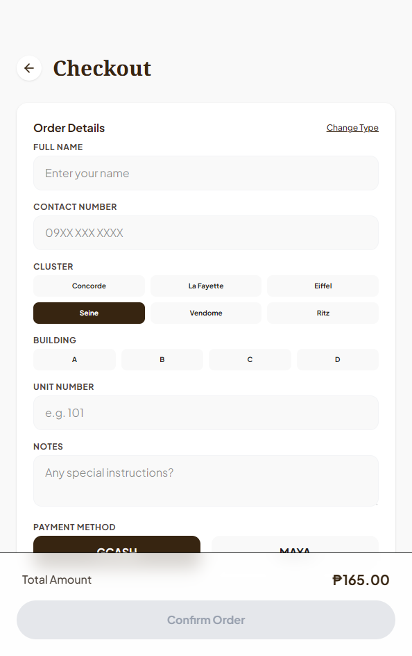 The Coffee Pup mobile checkout details screen.