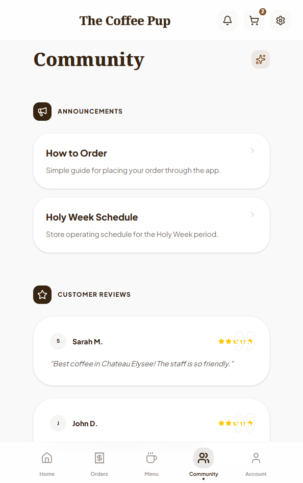 The Coffee Pup mobile community screen with announcements and customer reviews.
