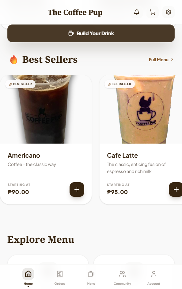 The Coffee Pup mobile home screen with best sellers and bottom navigation.