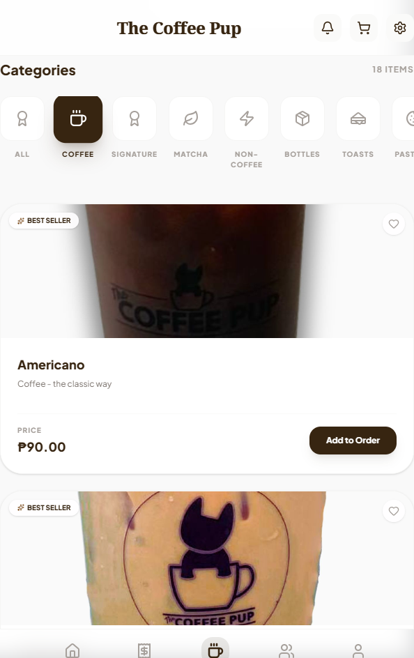 The Coffee Pup mobile menu screen.