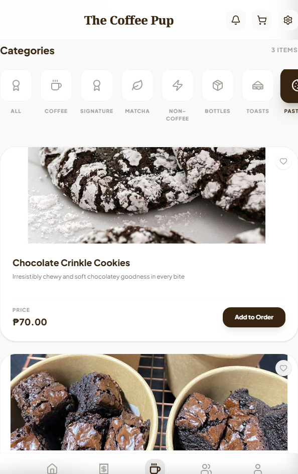The Coffee Pup mobile menu category screen.
