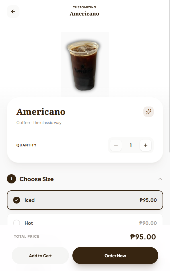 The Coffee Pup mobile order customization screen.