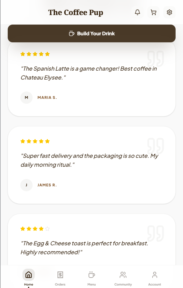The Coffee Pup mobile reviews screen.