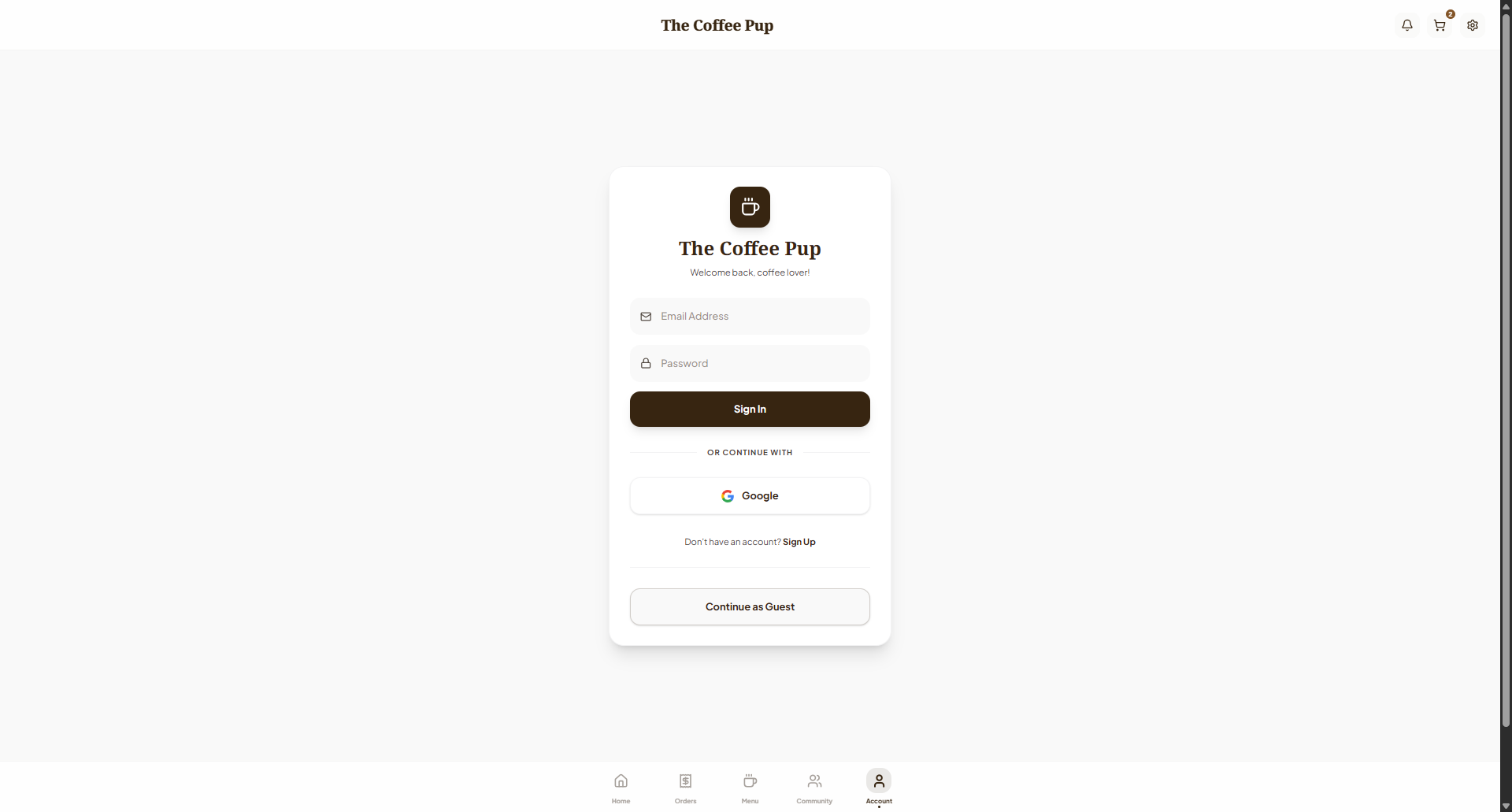 The Coffee Pup desktop account login screen.