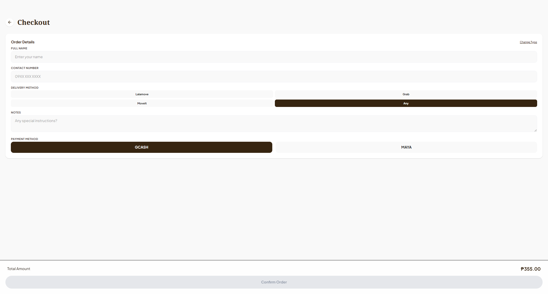 The Coffee Pup desktop checkout screen with customer details, delivery method, and payment method.