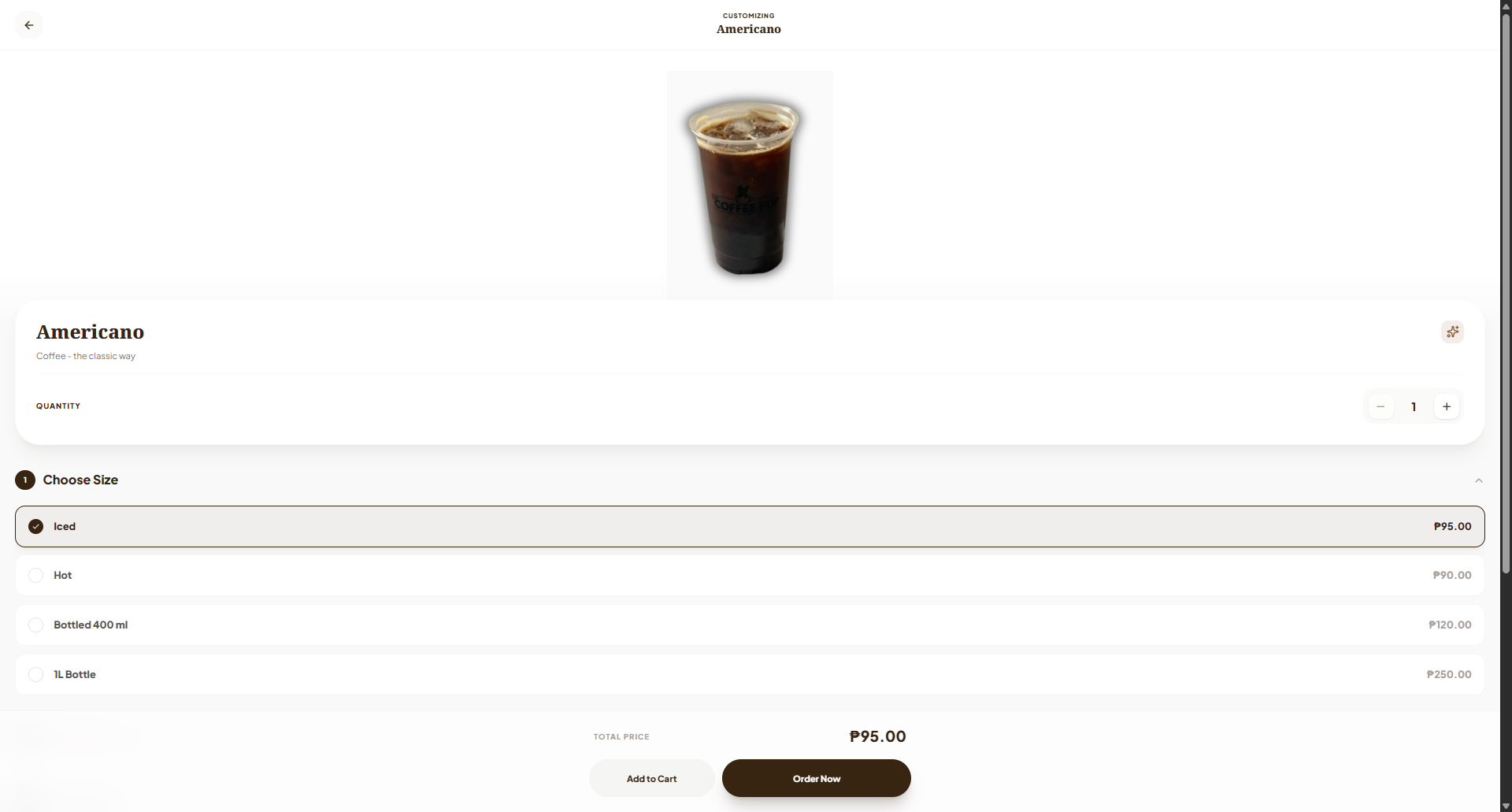 The Coffee Pup desktop product customization screen with quantity and size options.