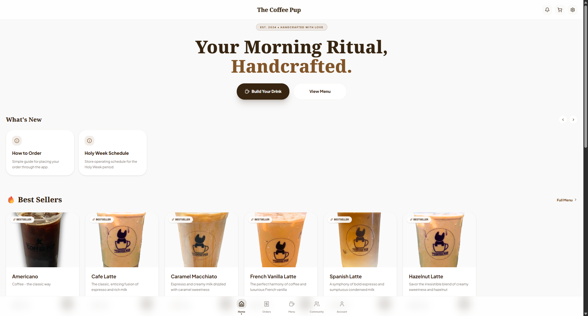 The Coffee Pup desktop home screen with hero, calls to action, announcements, and best sellers.