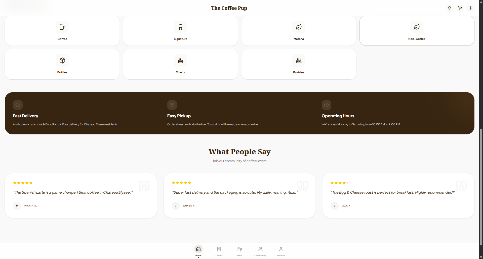 The Coffee Pup desktop home screen showing best seller product cards.