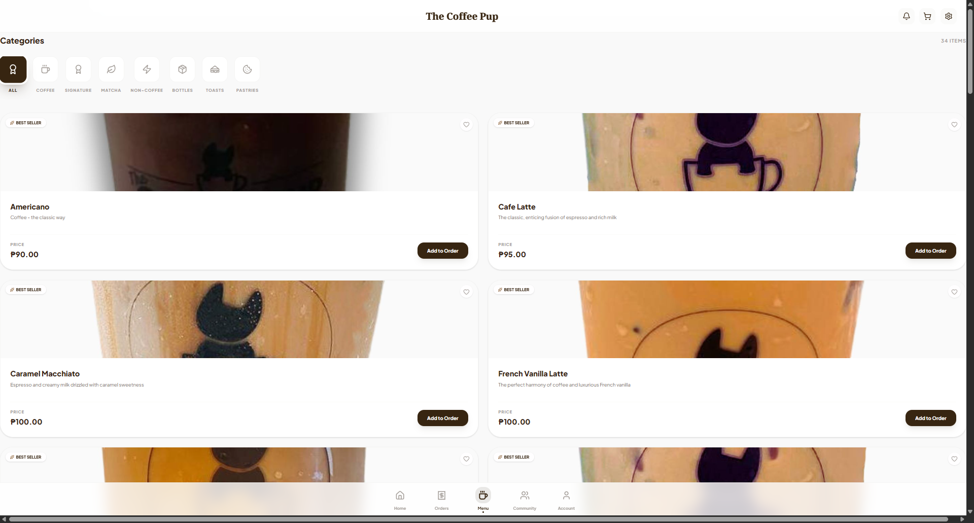 The Coffee Pup desktop menu screen with product categories and drink cards.