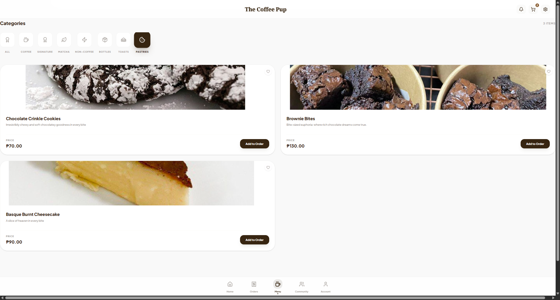 The Coffee Pup desktop menu category screen.