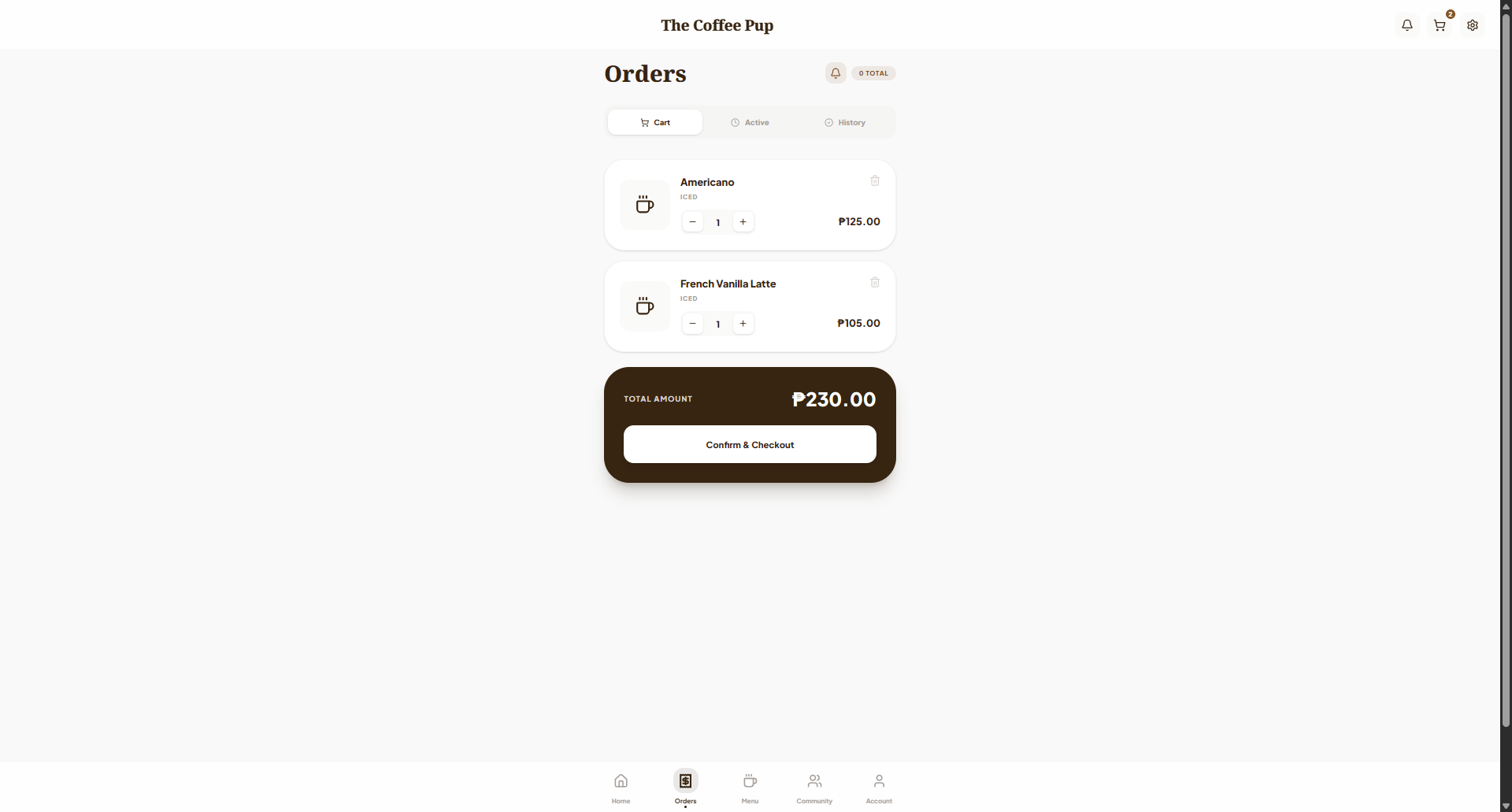 The Coffee Pup desktop order screen.