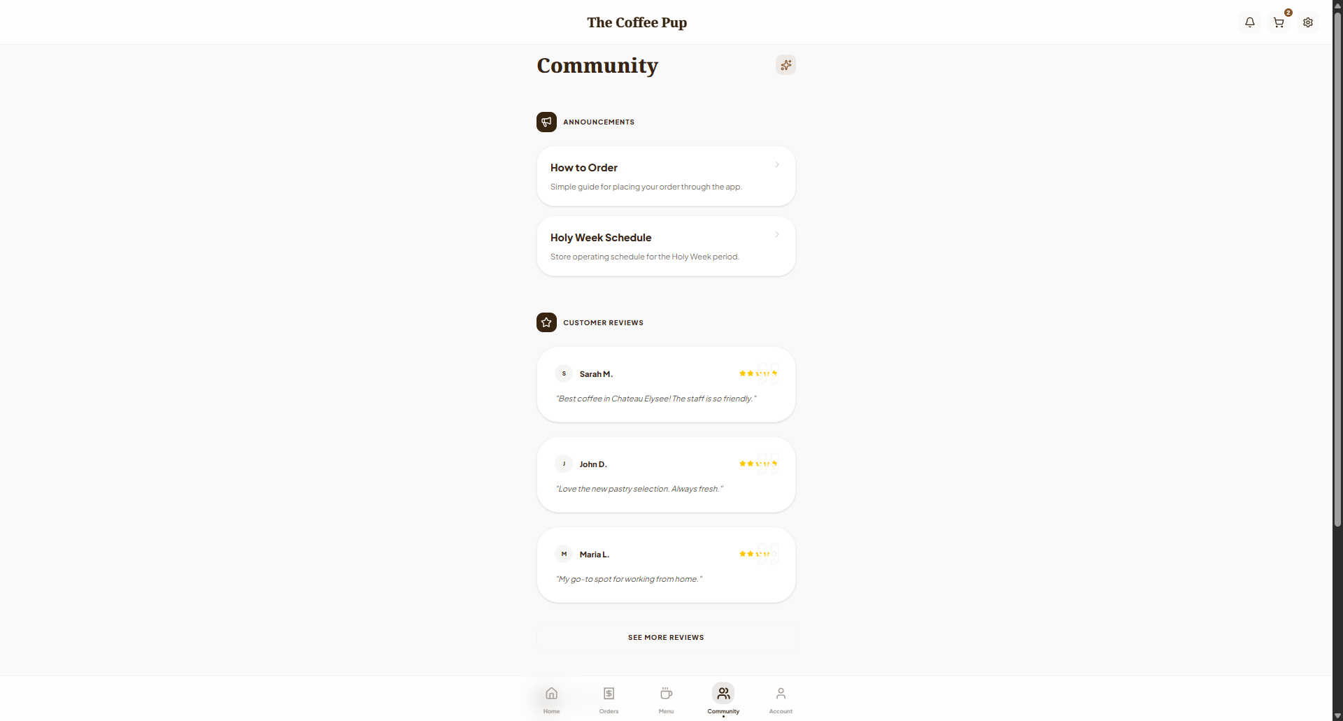The Coffee Pup desktop community screen with announcements and customer reviews.